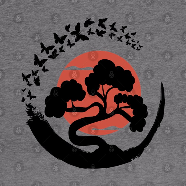 Bonsai Tree in Enso Circle Butterflies by mstory